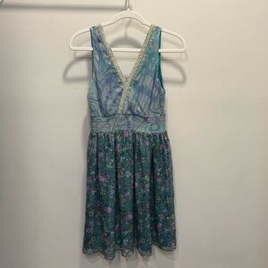 Meghan Los Angeles Floral and Blue Print Beaded Dress